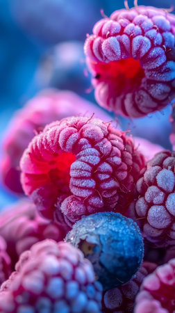 A beautiful close up photograph of fruit, with raspberries, blueberries and blackberries, studio shot. High quality photoの素材