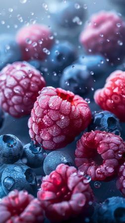 A beautiful close up photograph of fruit, with raspberries, blueberries and blackberries, studio shot. High quality photoの素材