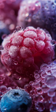 A beautiful close up photograph of fruit, with raspberries, blueberries and blackberries, studio shot. High quality photoの素材