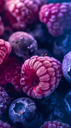 A beautiful close up photograph of fruit, with raspberries, blueberries and blackberries, studio shot. High quality photoの素材