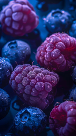 A beautiful close up photograph of fruit, with raspberries, blueberries and blackberries, studio shot. High quality photoの素材