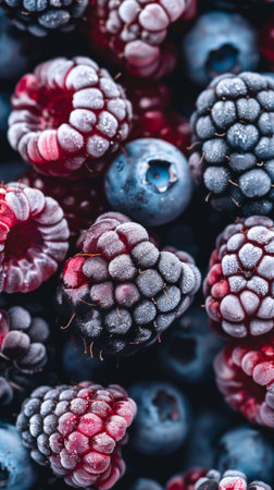 A beautiful close up photograph of fruit, with raspberries, blueberries and blackberries, studio shot. High quality photoの素材