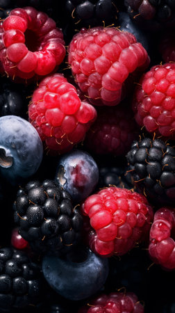 A beautiful close up photograph of fruit, with raspberries, blueberries and blackberries, studio shot. High quality photoの素材