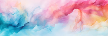 A detailed closeup of a vibrant watercolor painting featuring a rainbow of colors on a white background, evoking a dreamy atmosphere with hints of purple, pink, and blue cloudsの素材