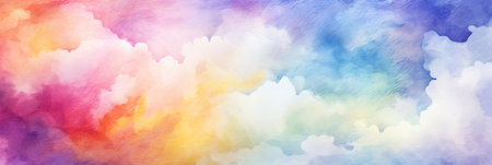 A vibrant watercolor background featuring a rainbow of colors including magenta, electric blue, and more. The colors create a beautiful pattern reminiscent of the skyの素材