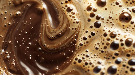 Close up abstract brown caramel shapes latte art in coffee. Liquid texture coffee background macro. Cappuccino and milk foam close up view. High quality photoの素材