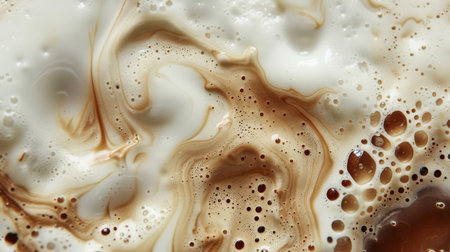Close up abstract brown caramel shapes latte art in coffee. Liquid texture coffee background macro. Cappuccino and milk foam close up view. High quality photoの素材