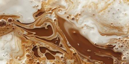 Close up abstract brown caramel shapes latte art in coffee. Liquid texture coffee background macro. Cappuccino and milk foam close up view. High quality photoの素材