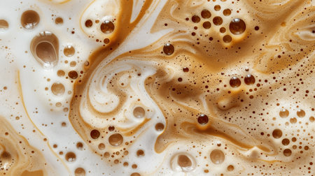 Close up abstract brown caramel shapes latte art in coffee. Liquid texture coffee background macro. Cappuccino and milk foam close up view. High quality photoの素材