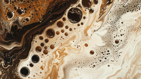 Close up abstract brown caramel shapes latte art in coffee. Liquid texture coffee background macro. Cappuccino and milk foam close up view. High quality photoの素材
