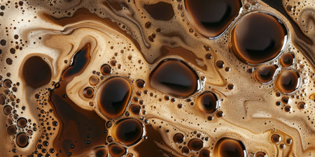 Close up abstract brown caramel shapes latte art in coffee. Liquid texture coffee background macro. Cappuccino and milk foam close up view. High quality photoの素材