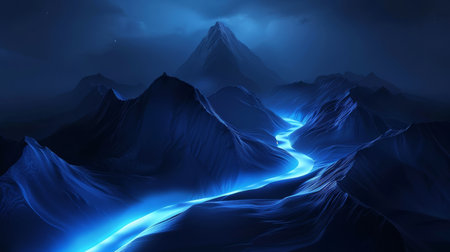 Futuristic mountain with glowing path to the top. Desktop wallpaper, sci fi environment. High quality photoの素材