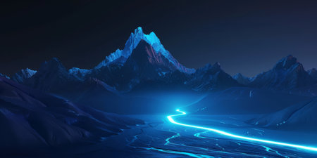 Futuristic mountain with glowing path to the top. Desktop wallpaper, sci fi environment. High quality photoの素材