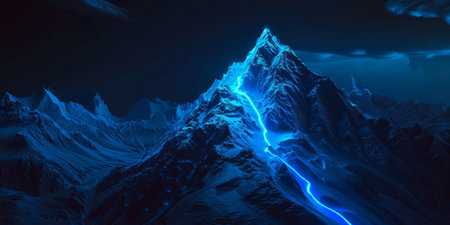 Futuristic mountain with glowing path to the top. Desktop wallpaper, sci fi environment. High quality photoの素材