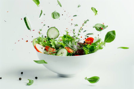 Flying vegetable salad ingredients over transparent and white bowl. Vitamins and healthy eating concept. High quality photoの素材
