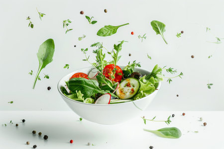 Flying vegetable salad ingredients over transparent and white bowl. Vitamins and healthy eating concept. High quality photoの素材