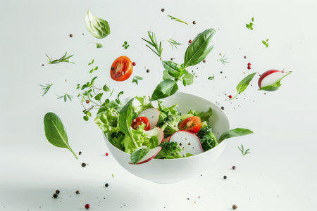 Flying vegetable salad ingredients over transparent and white bowl. Vitamins and healthy eating concept. High quality photoの素材