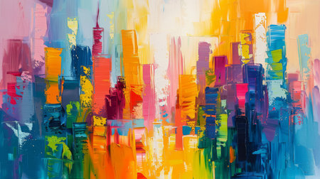 Modern impressionism technique. City template for wall poster print. Abstract Painting. Hand brush painting on a background of paint texture. Oil painting style. High quality photoの素材