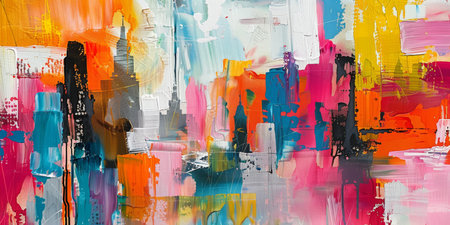 Modern impressionism technique. City template for wall poster print. Abstract Painting. Hand brush painting on a background of paint texture. Oil painting style. High quality photoの素材