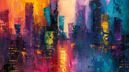 Modern impressionism technique. City template for wall poster print. Abstract Painting. Hand brush painting on a background of paint texture. Oil painting style. High quality photoの素材
