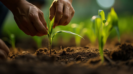 Farmer agronomist standing in green field, holding corn leaf in hands and analyzing maize crop. Agriculture, organic gardening, planting or ecology concept. High quality photoの素材