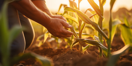 Farmer agronomist standing in green field, holding corn leaf in hands and analyzing maize crop. Agriculture, organic gardening, planting or ecology concept. High quality photoの素材