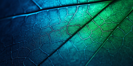 Leaf of a tree close-up. Blue toned background or wallpaper. Mosaic pattern from a net of veins and plant cells. Abstract backdrop on a floral theme. Macro. High quality photoの素材