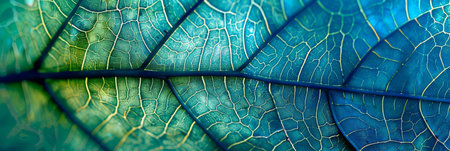 Leaf of a tree close-up. Blue toned background or wallpaper. Mosaic pattern from a net of veins and plant cells. Abstract backdrop on a floral theme. Macro. High quality photoの素材