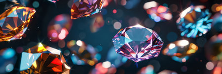 Colorful precious diamonds stones closeup, super sparkling. Opal topaz ruby amethyst aquamarine. Desktop wallpaper. Precious shine. High quality photoの素材