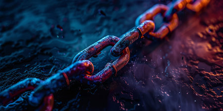 3D Rendering of metal chains in glowing blue and orange color on dark background. Grunge old broken chains, splats and stains. Concept for block chain technology, node connections. High quality photoの素材