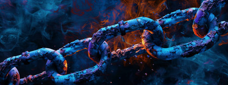 3D Rendering of metal chains in glowing blue and orange color on dark background. Grunge old broken chains, splats and stains. Concept for block chain technology, node connections. High quality photoの素材