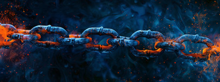 3D Rendering of metal chains in glowing blue and orange color on dark background. Grunge old broken chains, splats and stains. Concept for block chain technology, node connections. High quality photoの素材