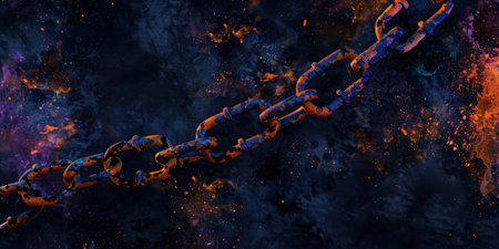 3D Rendering of metal chains in glowing blue and orange color on dark background. Grunge old broken chains, splats and stains. Concept for block chain technology, node connections. High quality photoの素材