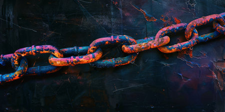 3D Rendering of metal chains in glowing blue and orange color on dark background. Grunge old broken chains, splats and stains. Concept for block chain technology, node connections. High quality photoの素材