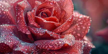 A beautiful closeup shot captures the details of a vibrant red rose covered in dew drops, highlighting its texture and color. Perfect for projects related to romance, nature, and flowersの素材