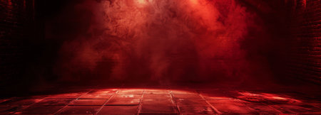 Smoke, Fog, Steam, Red Dark Podium, Night Retro Brick Stage, Garage Room, Corridor, bar, Empty Space with Spot Lights Realistic Background. 3D Rendering Illustration. High quality photoの素材