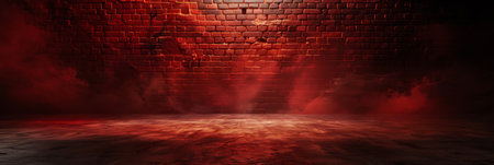 Smoke, Fog, Steam, Red Dark Podium, Night Retro Brick Stage, Garage Room, Corridor, bar, Empty Space with Spot Lights Realistic Background. 3D Rendering Illustration. High quality photoの素材
