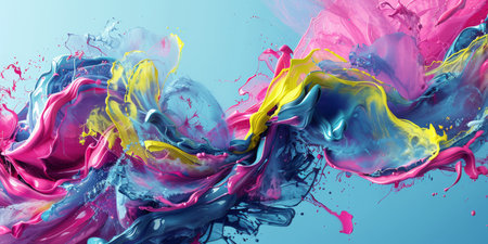 A mesmerizing abstract background is created with vibrant liquid paint splashes in pink, yellow, and blue hues swirling together seamlessly, forming a dynamic and bright artistic displayの素材