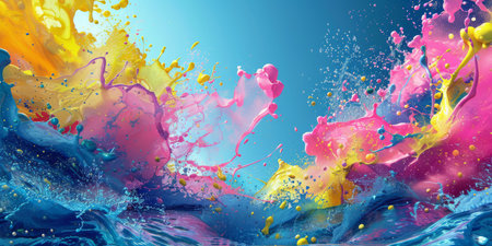 The painting features a vibrant blend of pink, blue, yellow, and white colors, creating an abstract composition with bursts of energy and motion. It showcases a dynamic and colorful expressionの素材