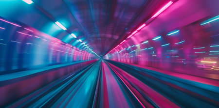 Embark on a vibrant highspeed journey through a futuristic tunnel, illuminated by neon lights and dynamic motion blur effects. Ideal for themes such as technology, scifi, and innovationの素材