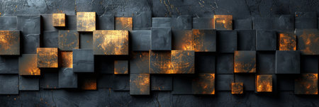 Abstract 3D geometric art featuring textured metallic surfaces blending dark tones with copper highlights.の素材