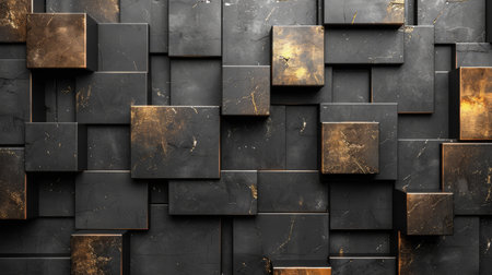 Abstract 3D geometric art featuring textured metallic surfaces blending dark tones with copper highlights.の素材