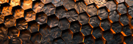 Close-up view of a hexagonal metallic surface with warm lighting, creating a modern and industrial look.の素材
