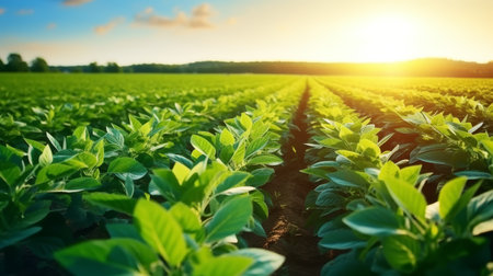 Rows of green soybean at idyllic sunset. Perfect agriculture fields as industry standard in harvest season. High quality photoの素材