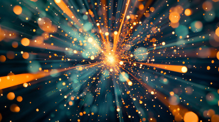 Abstract explosion of vibrant light particles creating a dazzling visual effect of energy and motion.の素材
