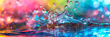 Lively abstract image of colorful rainbow water splashes and bubbles blending in a dynamic composition.の素材