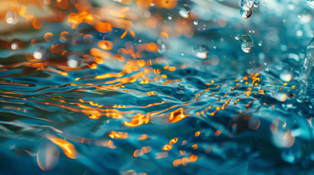 Artistic water droplets in orange and blue create a mesmerizing bokeh effect, capturing light beautifullyの素材