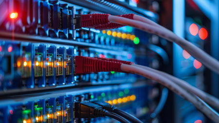 View of network cables and server racks in a data center emphasizes technology and connectivity...