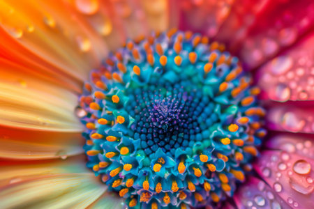 A closeup photo showing the vivid colors and intricate details of a flower adorned with water dropletsの素材