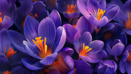Vibrant purple crocuses with striking orange stamen in full bloom, displaying the elegance of natures beautyの素材